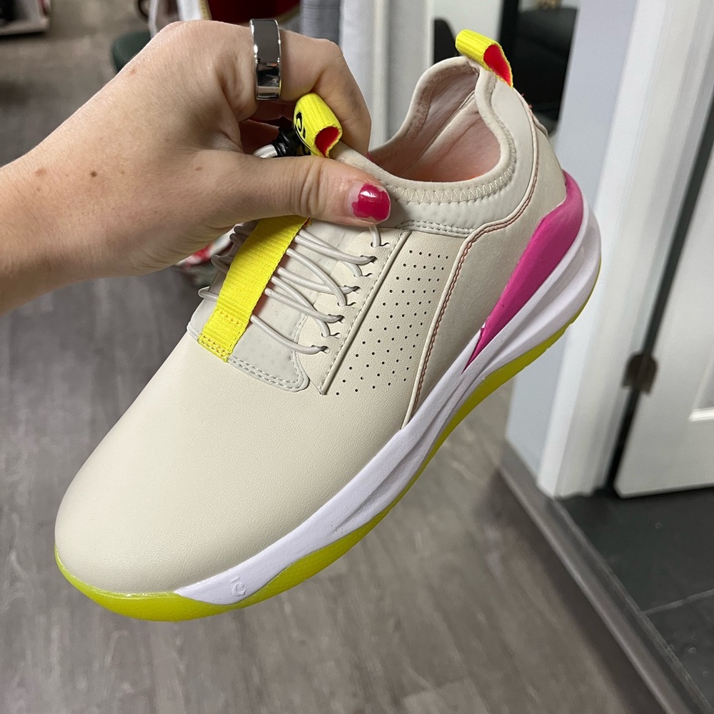 Trendy Cream Sneakers with Pink and Yellow Highlights